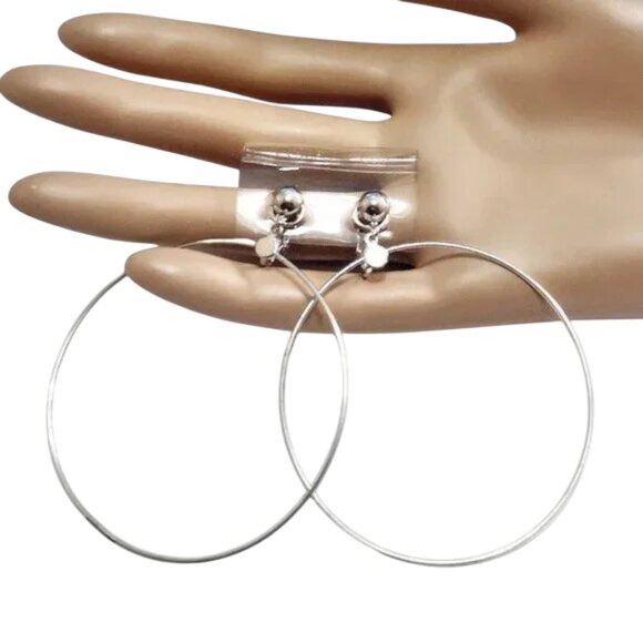 2 3/4 Inch 70mm Hoop Clip On Earrings Silver Tone 57mm Wide Ring - Picture 3 of 5